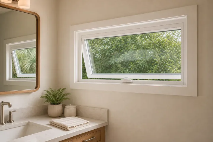 Awning window viewed from a bathroom interior