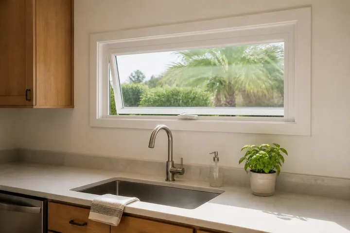 White awning window open above a kitchen sink