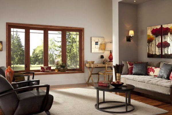 Bow windows brightening a Central Florida living room