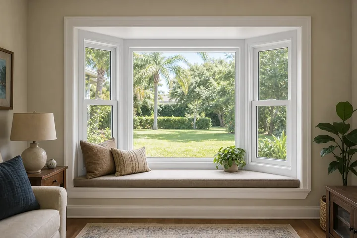 Bay window with a cushioned interior seat and three window sections