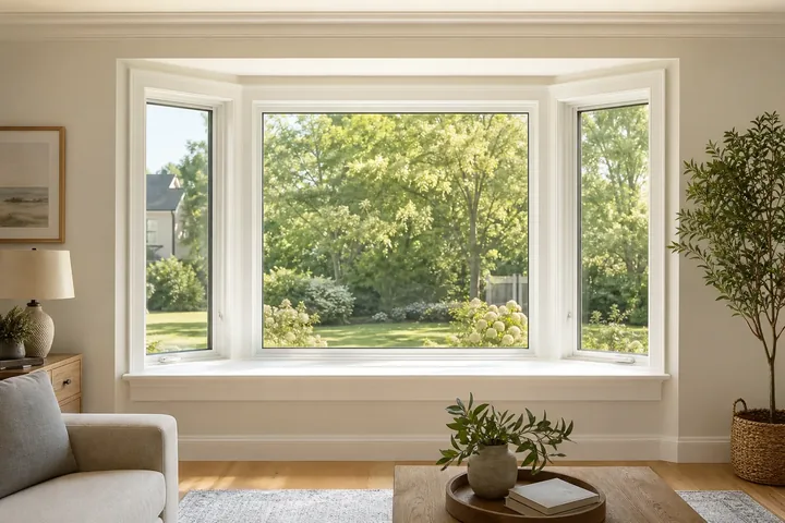 Bay window viewed straight on from inside a room