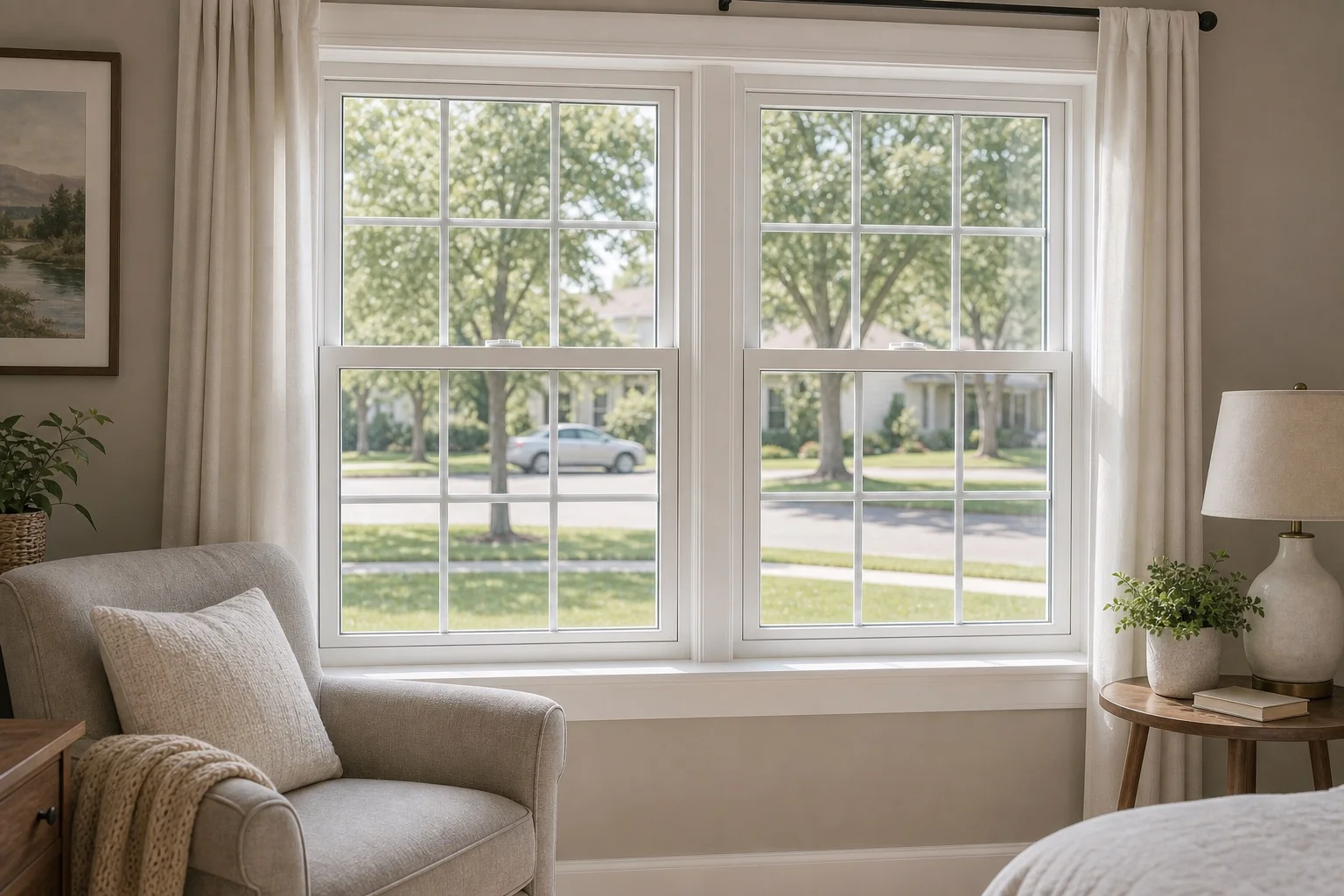 A quiet reading nook beside a pair of new closed double-hung windows overlooking a suburban street, with a car passing outside.