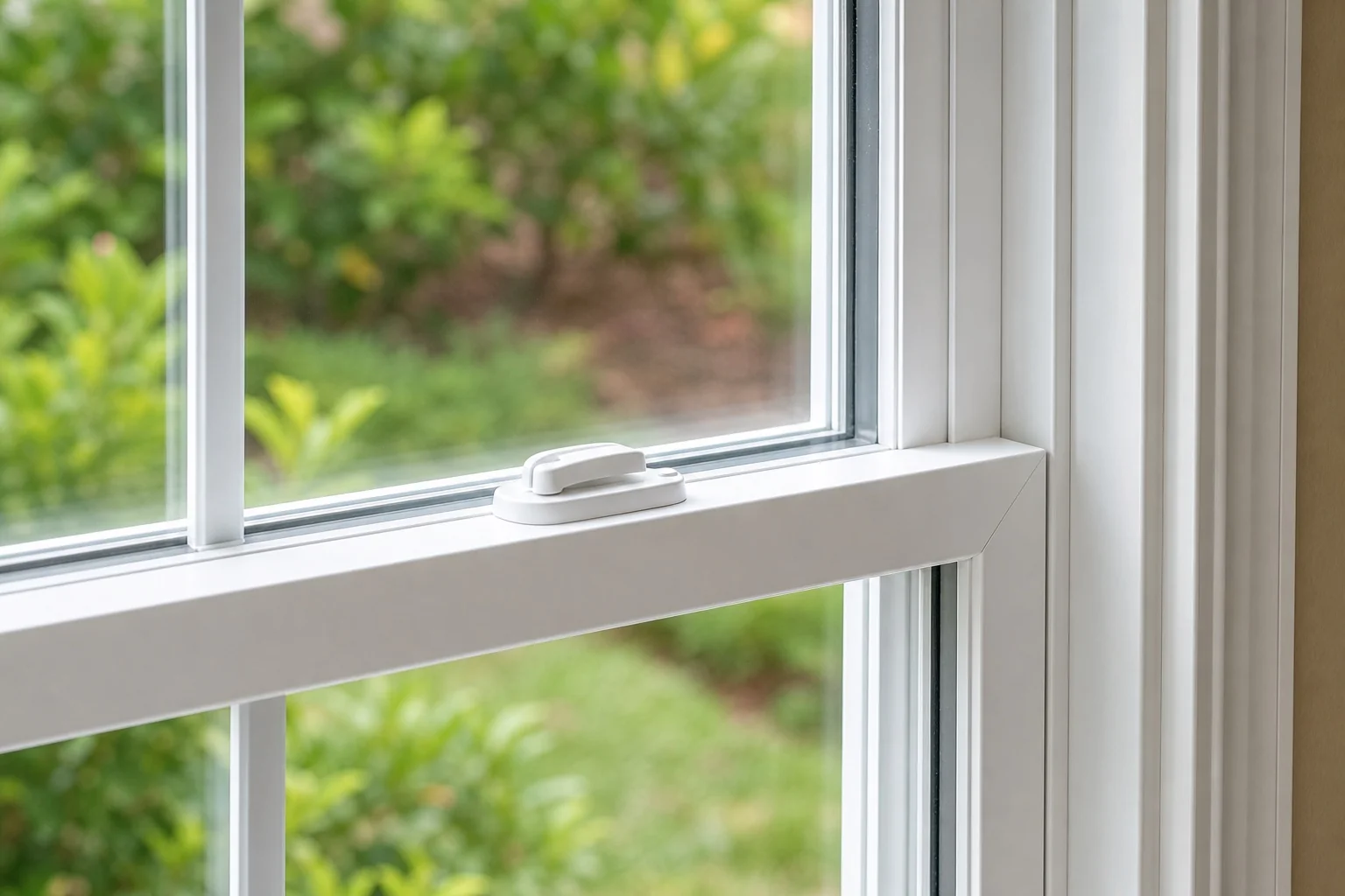 Close-up of the lock, meeting rails, and weatherstripping on a new white vinyl double-hung window, with the clear edge of the insulated glass unit visible.