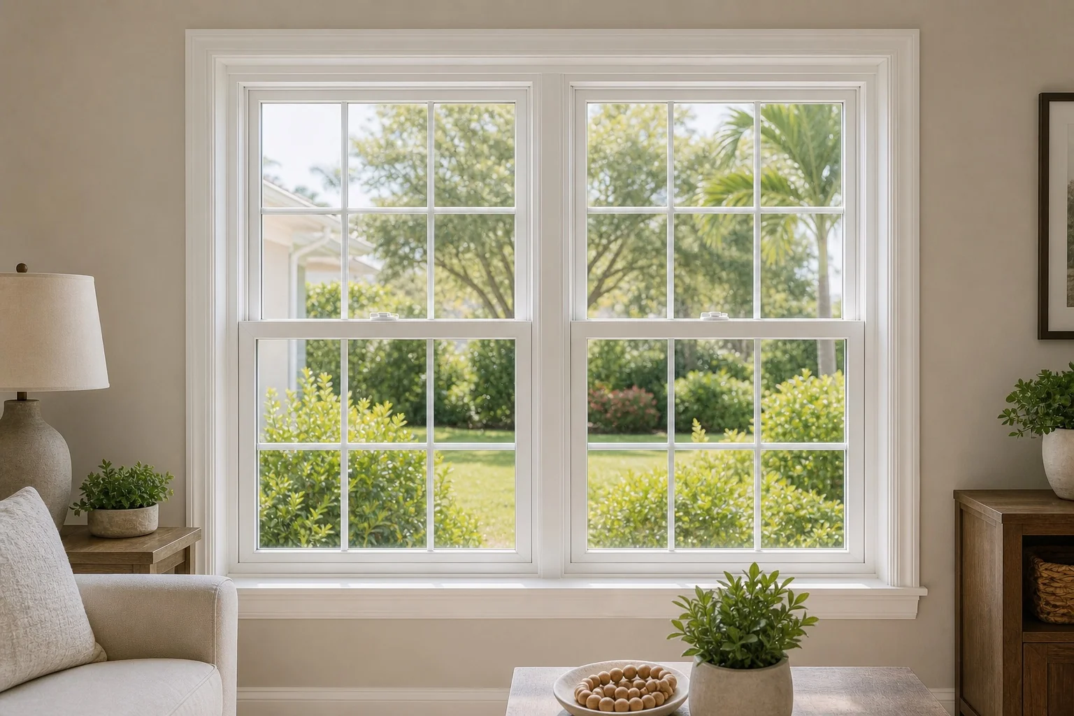 Two new white double-hung windows in a bright Central Florida living room