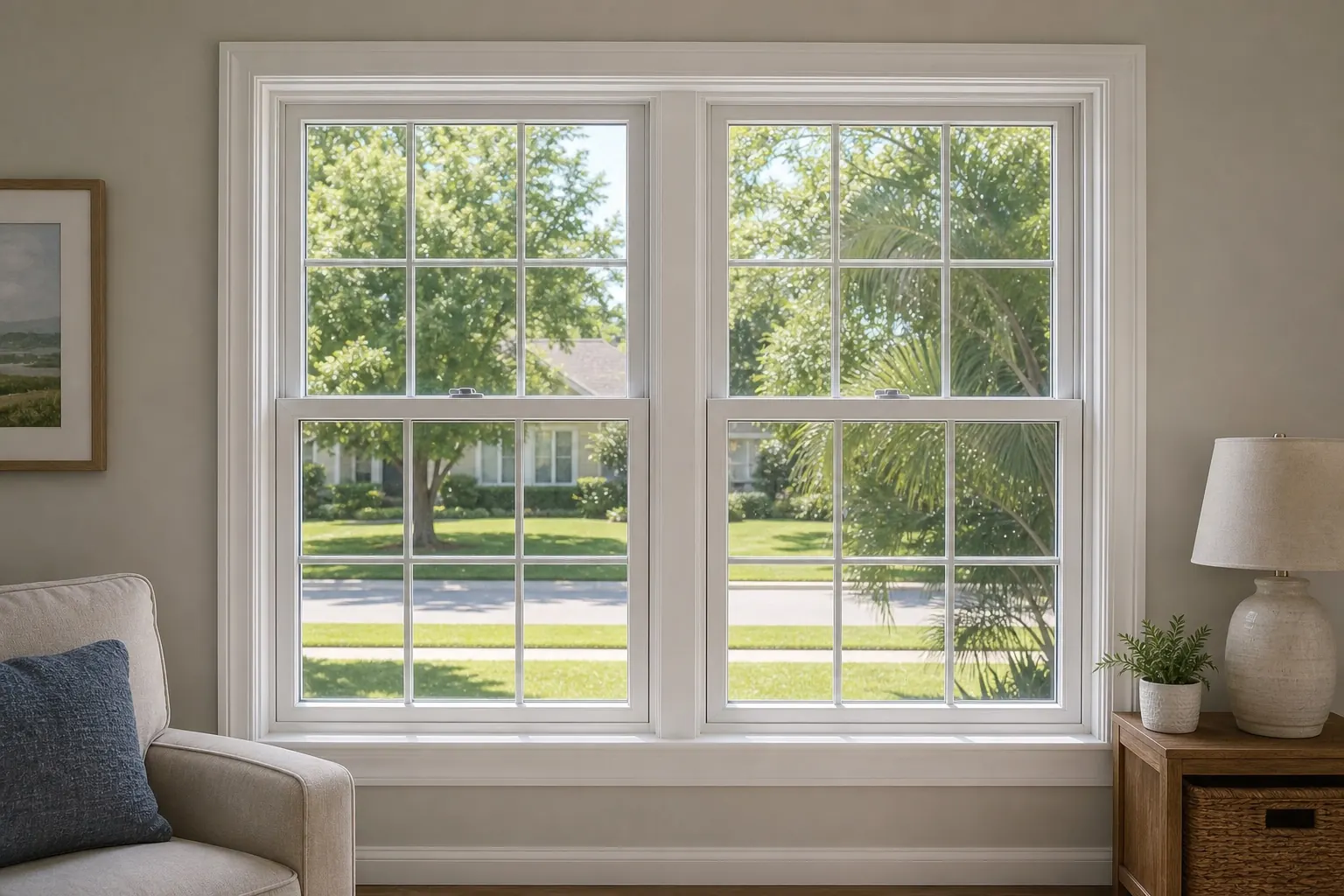 Two new energy-efficient double-hung windows in a bright Florida living room