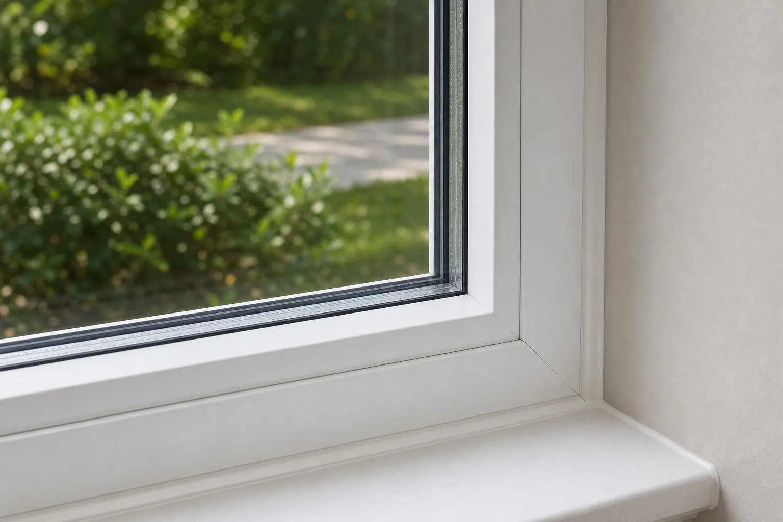 Close-up of the corner of an insulated double-pane window, showing both panes of glass, the metal spacer bar between them, and the sealed white vinyl frame.
