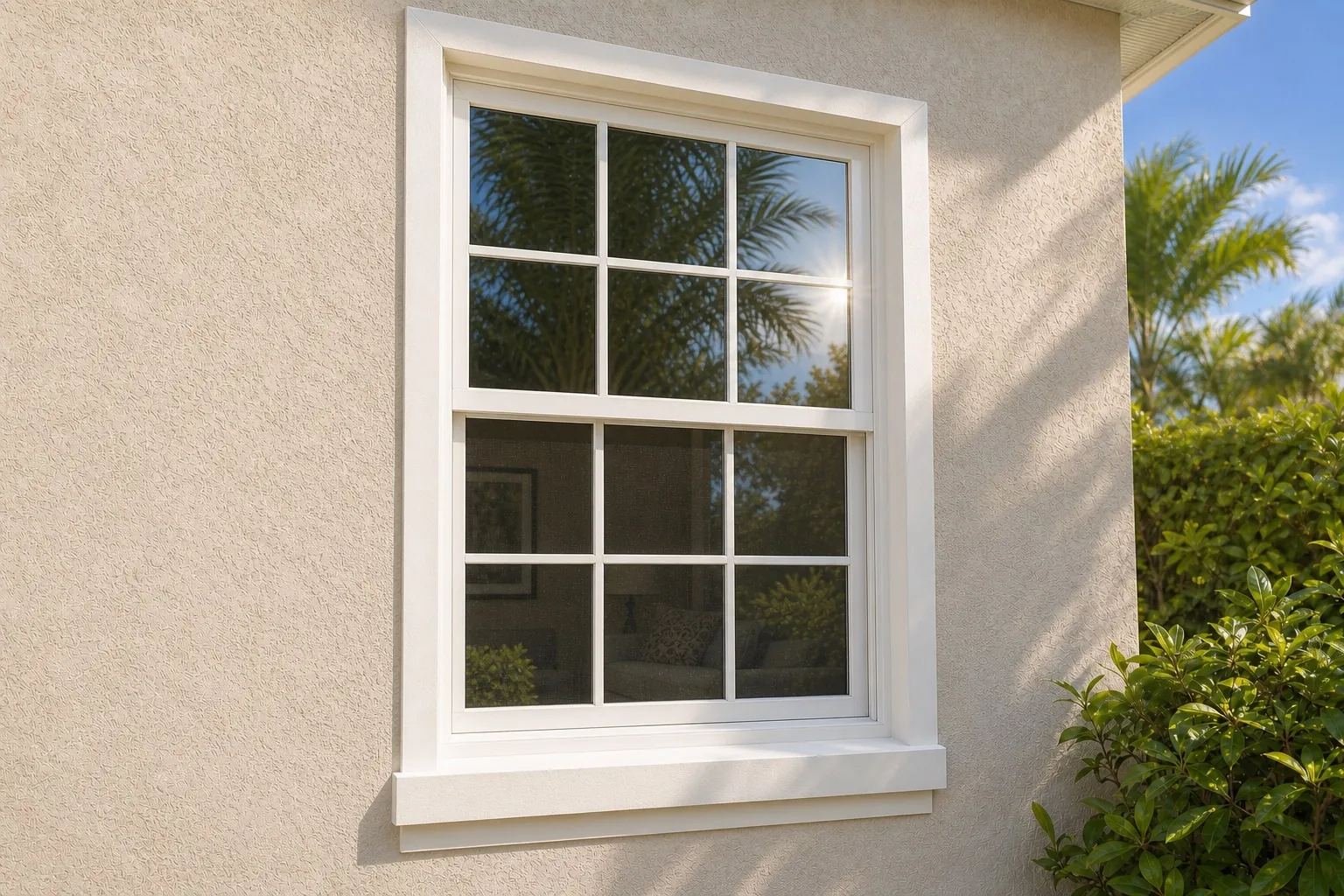 Florida afternoon sunlight reflecting off a new white six-over-six double-hung window on a stucco exterior wall.