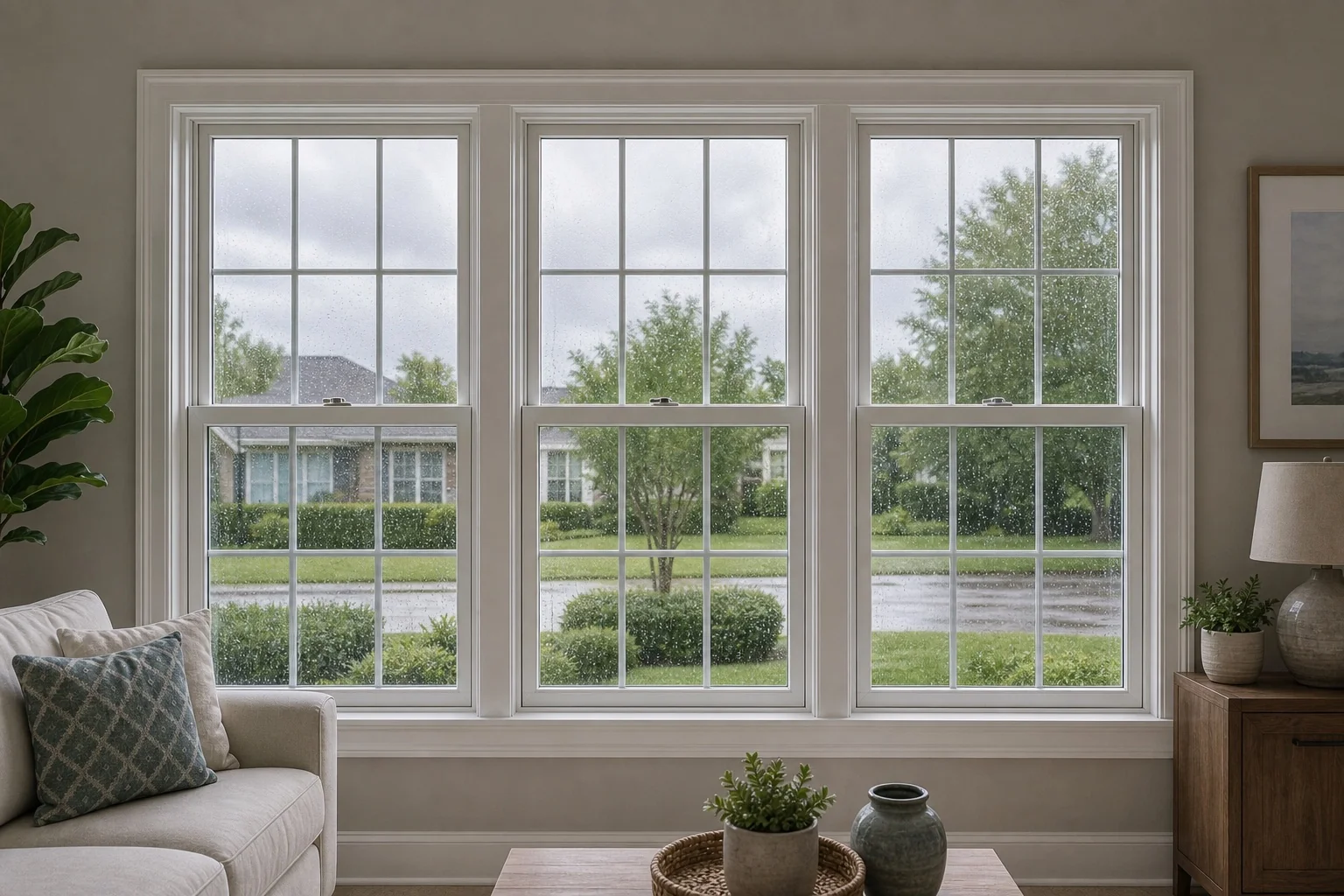 Double-hung windows with colonial grids and rain beading on the glass