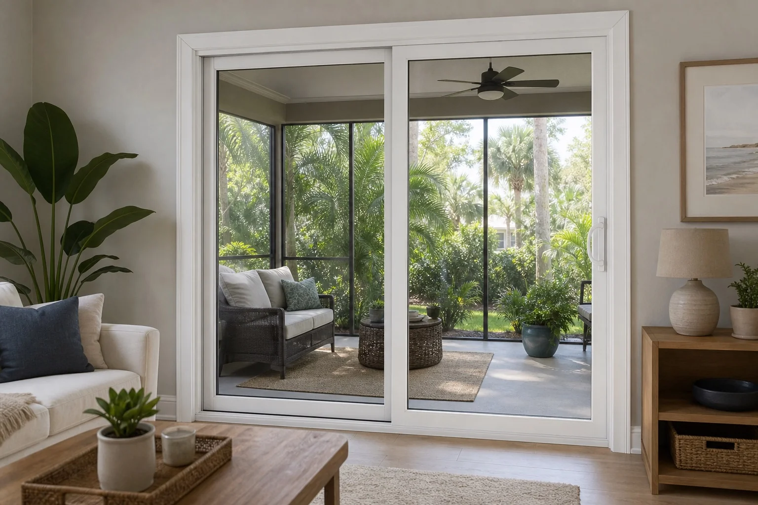 A new white-framed sliding glass door opening onto a screened Florida lanai
