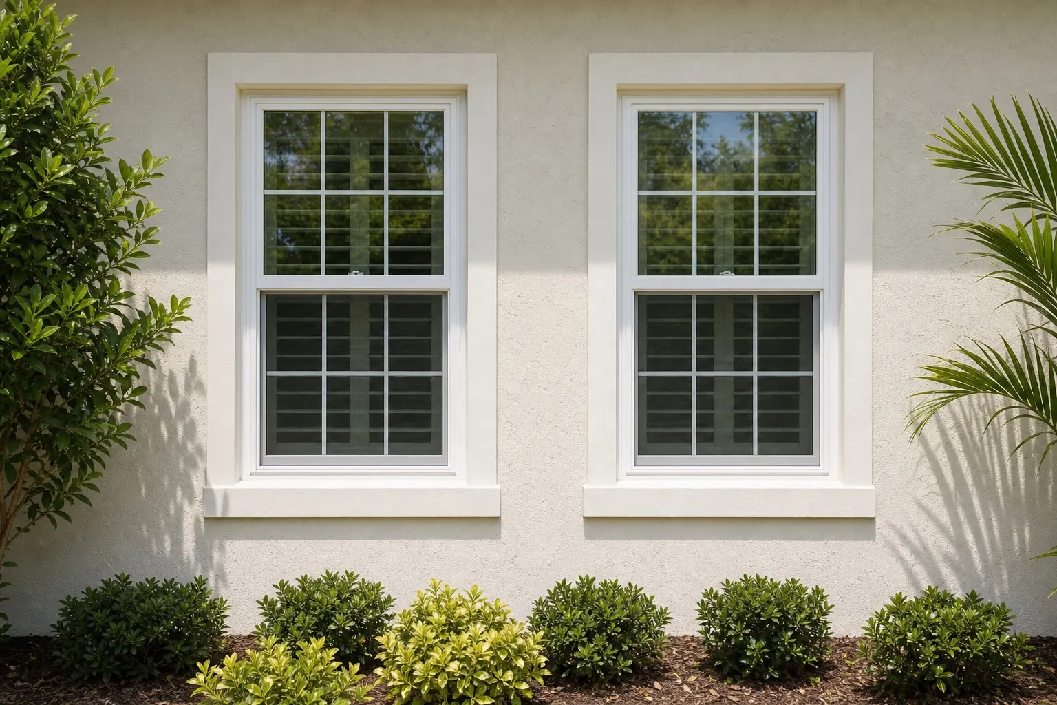 Two matching new white hung windows on the stucco exterior of a Central Florida home