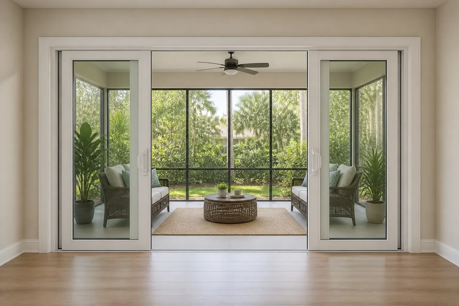 A wide multi-panel sliding glass door open onto a Central Florida lanai, with the sliding panel stacked behind a fixed panel.