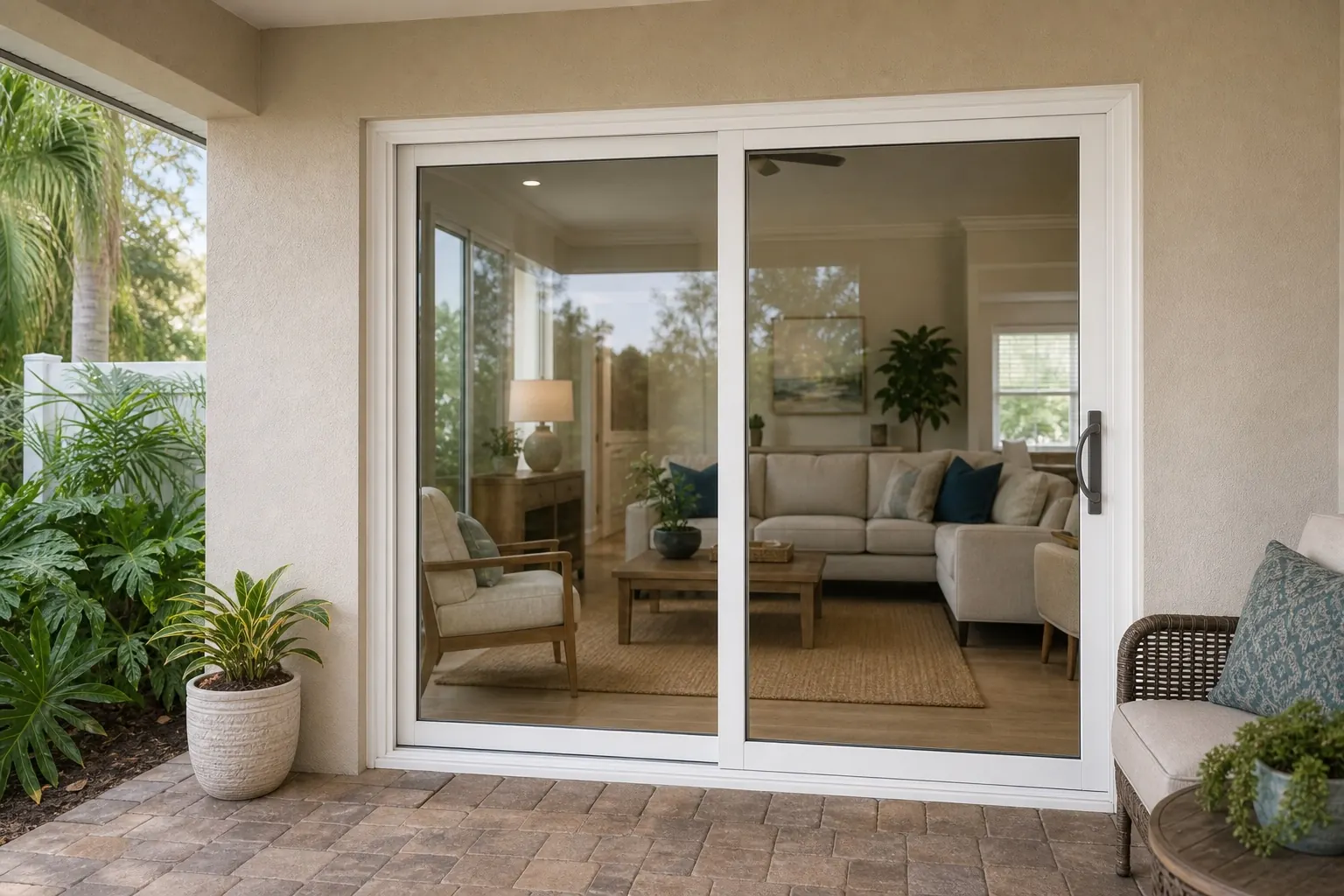 A new two-panel white sliding glass door seen from a covered Florida patio