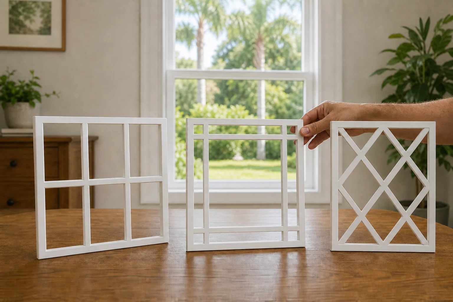 Three white window-grid samples in Colonial, Prairie, and diamond patterns being compared in front of a clear double-hung window