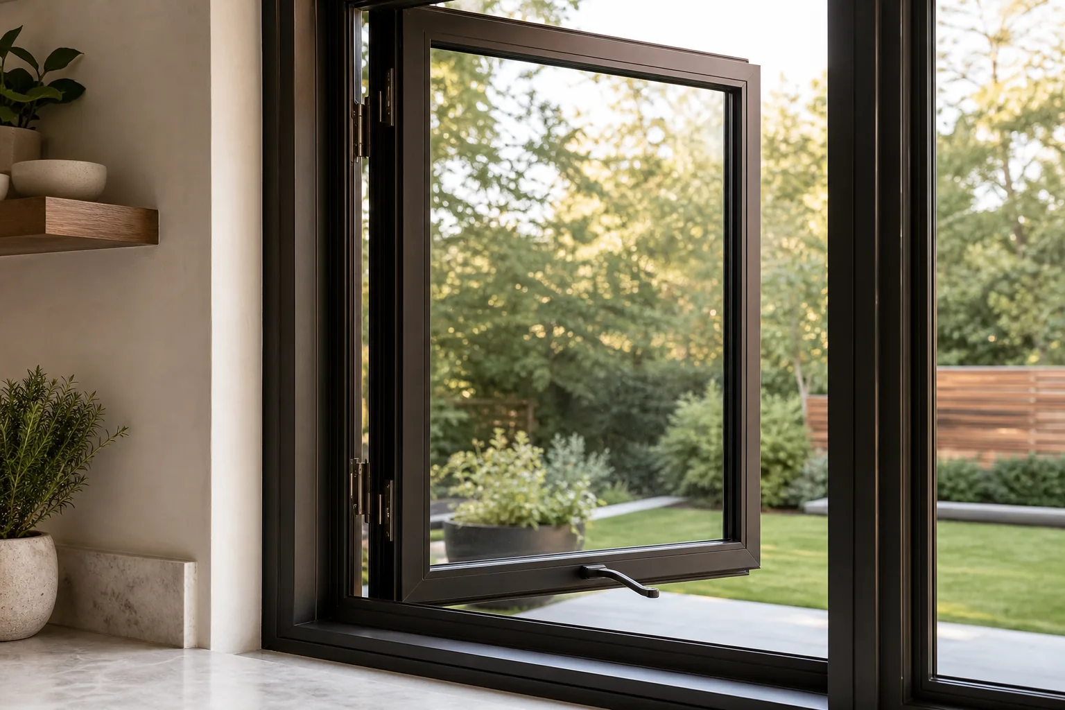 Dark bronze framed casement window cranked open over a garden patio