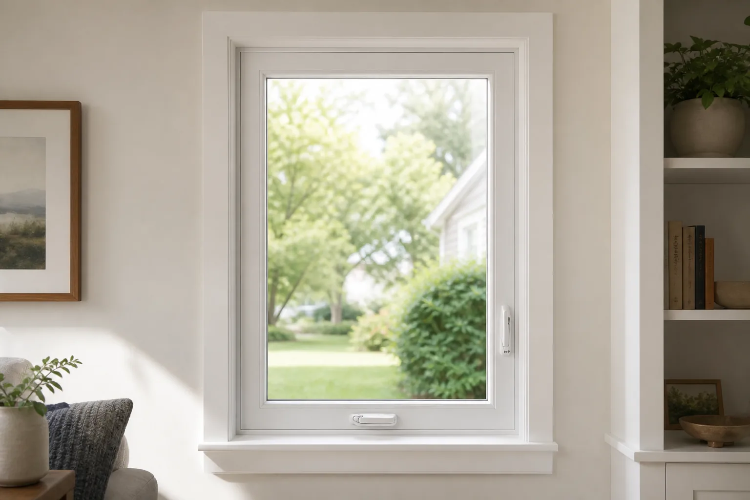 Single white vinyl casement window closed, with the fold-away crank handle visible on the sill