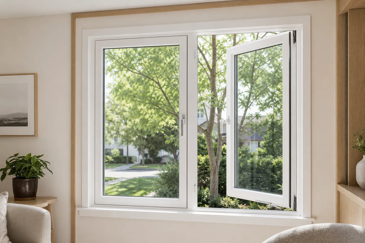 Pair of white vinyl casement windows seen from inside a bright living room, one cranked open to show the side-hinged sash