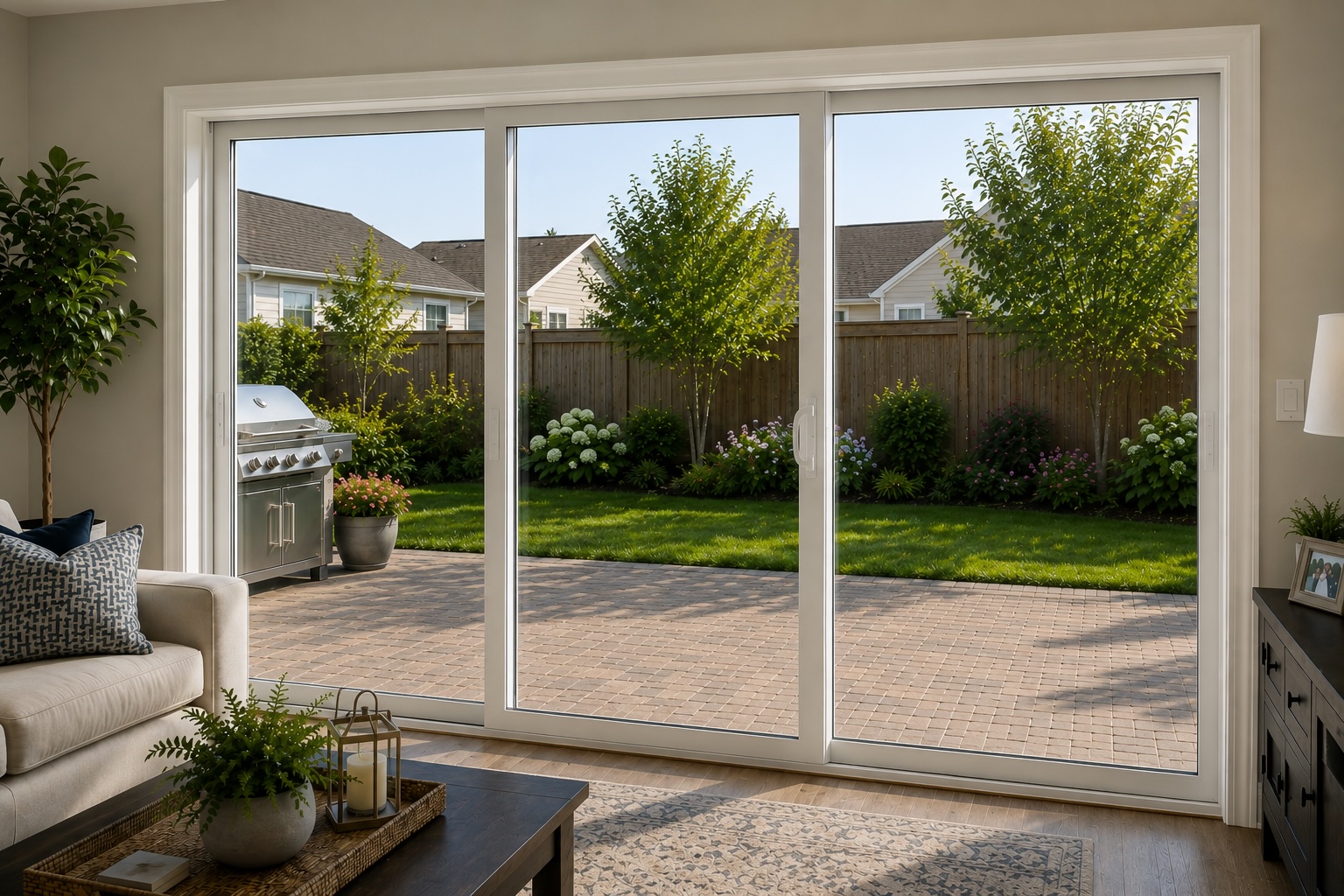 Three-panel sliding glass door installation in a Central Florida living room, Colonial Window & Door