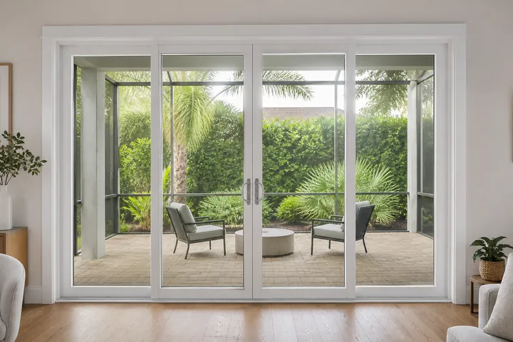 A four-panel OXXO sliding glass door seen from inside a Central Florida living room, with fixed panels at each end and the two sliding center panels meeting in the middle.