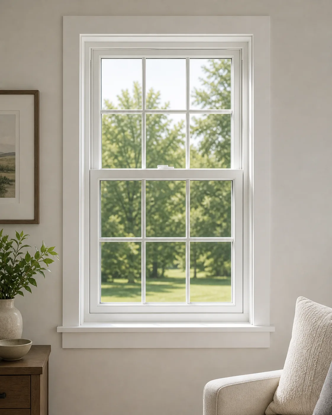 Double hung colonial replacement window close-up, vinyl window installation Central Florida