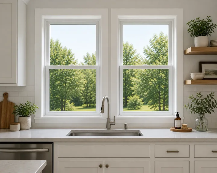 White double hung windows above a kitchen sink