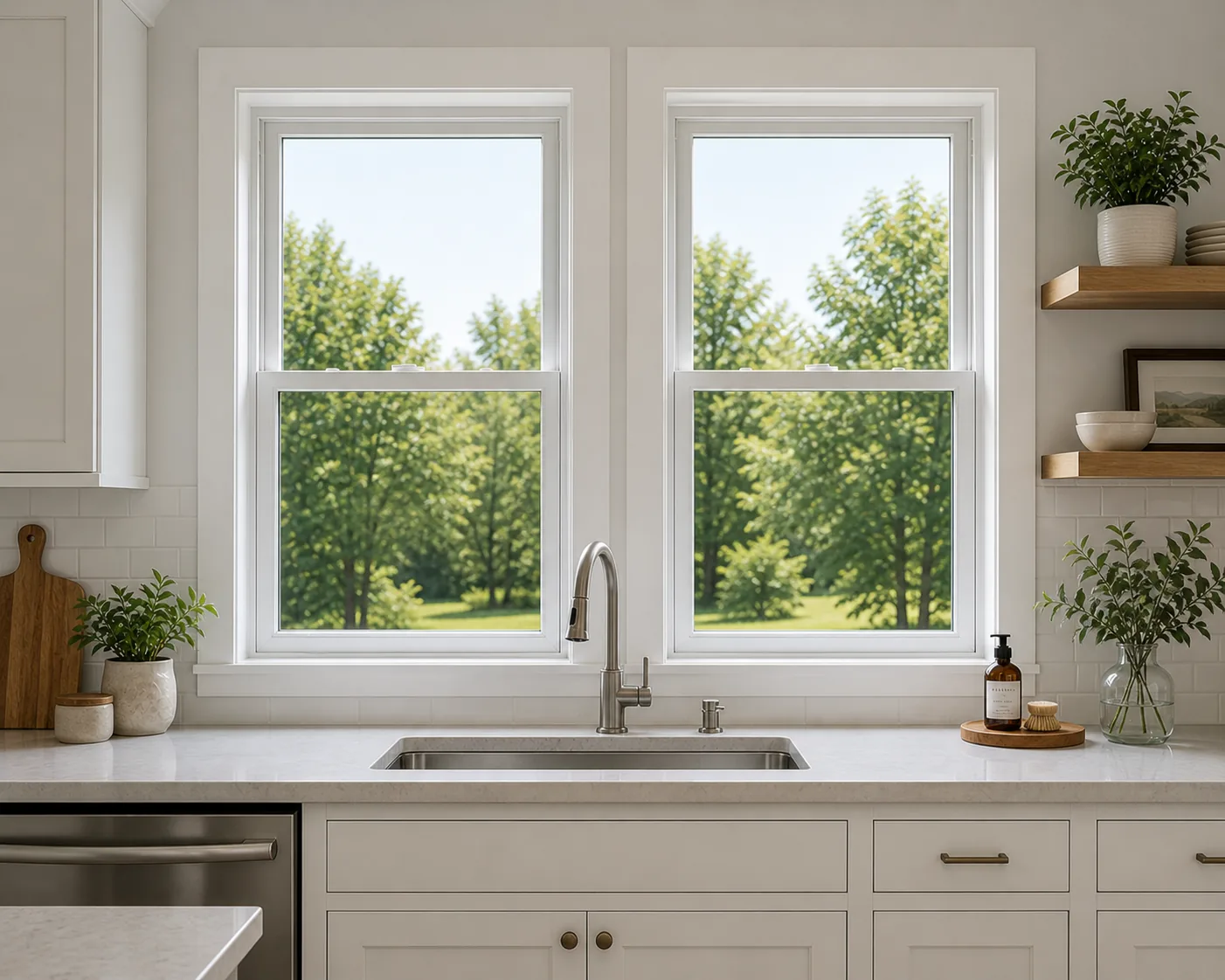 White double hung replacement windows over kitchen sink, Lake Mary, FL window installation