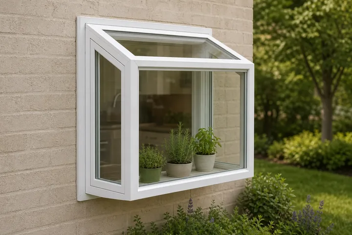 Garden window projecting from a brick exterior wall