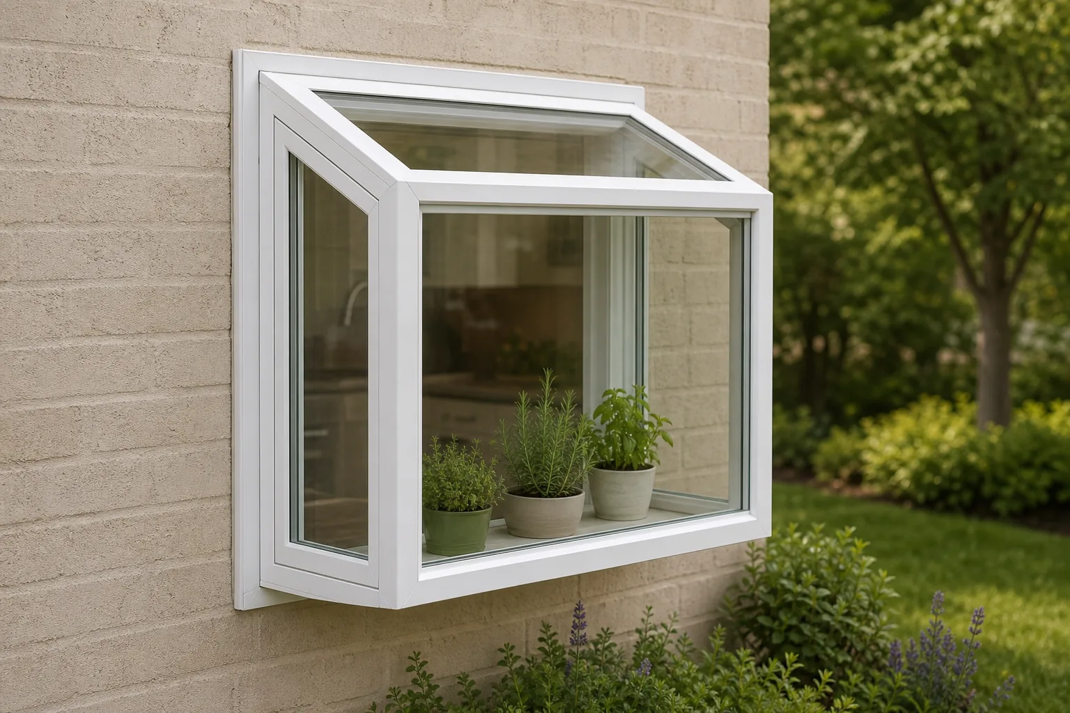 White garden window projecting from a brick wall, potted herbs on the glass shelf and the kitchen sink visible through the glass