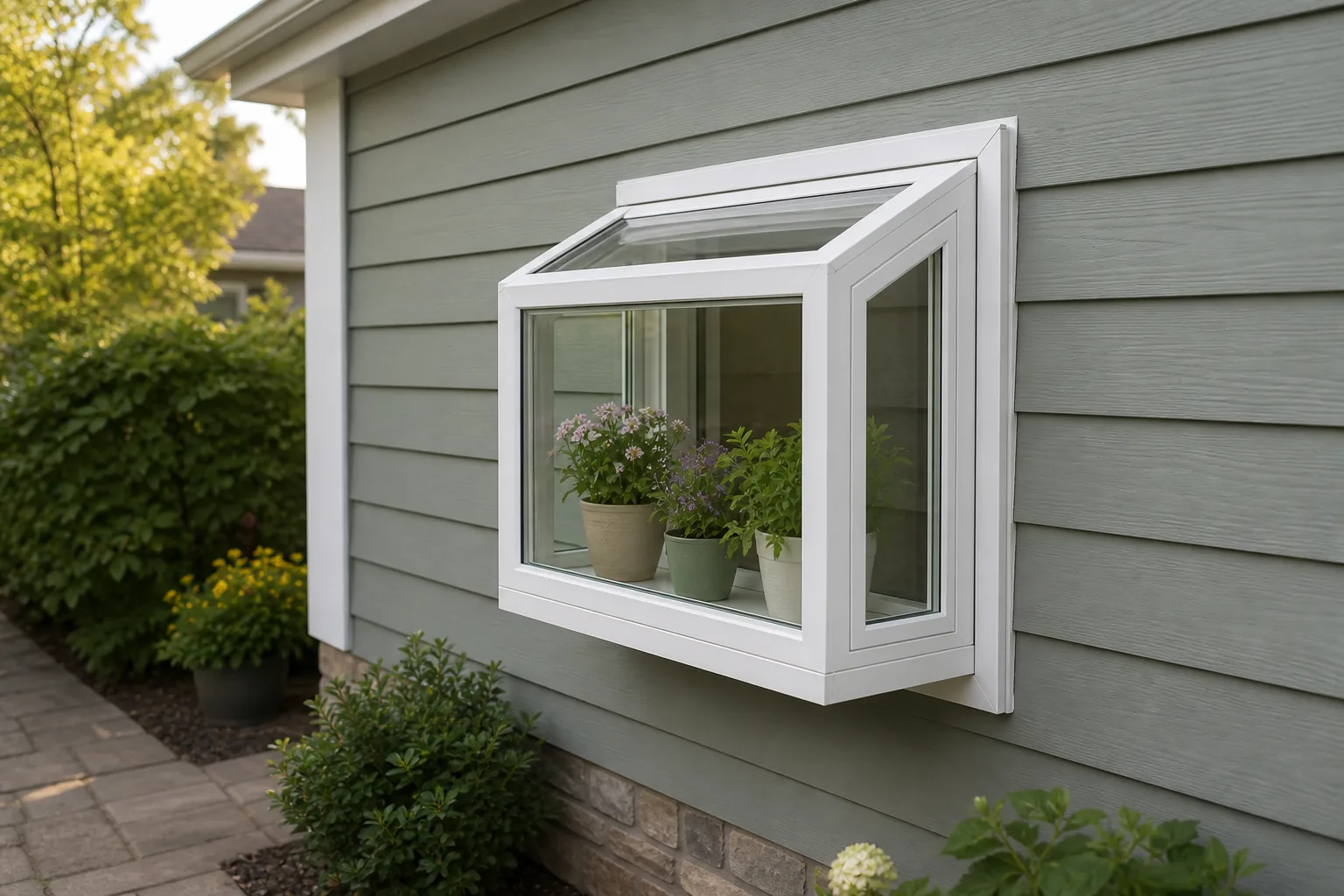 Garden window on a sage green sided home, flowering plants on the shelf inside
