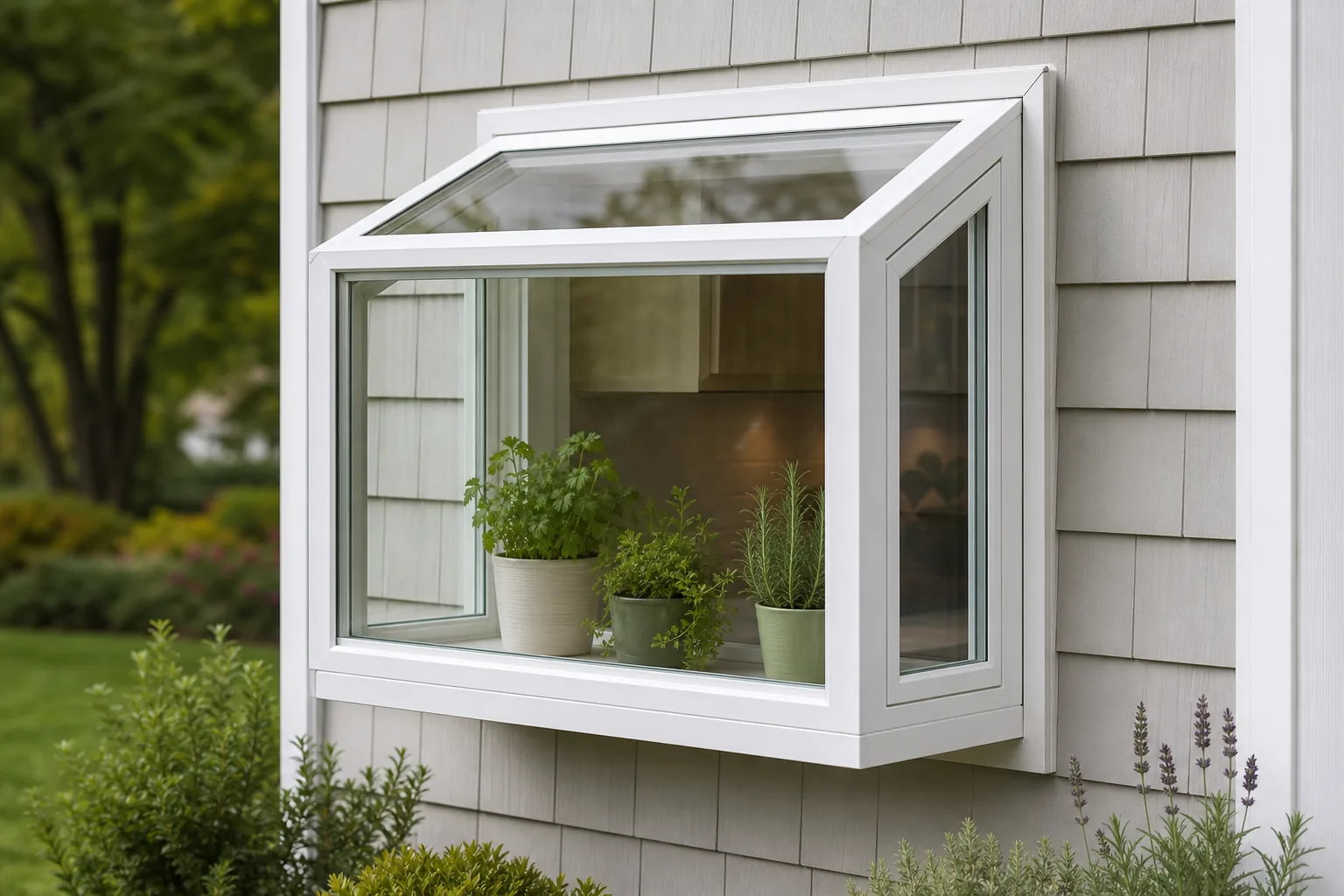 Garden window seen from outside a shingled home, showing the three-sided greenhouse projection