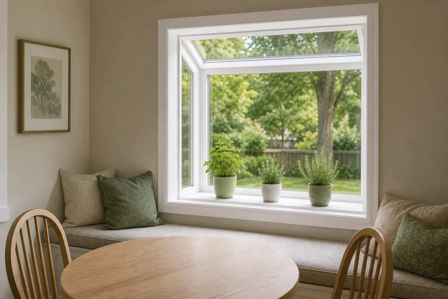 Garden window in a breakfast nook above a cushioned banquette, herbs on the sill