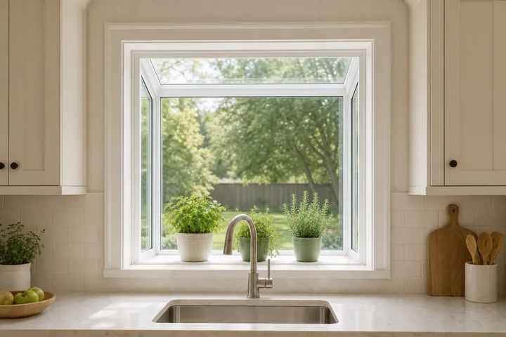 Garden window above a kitchen sink with small potted herbs
