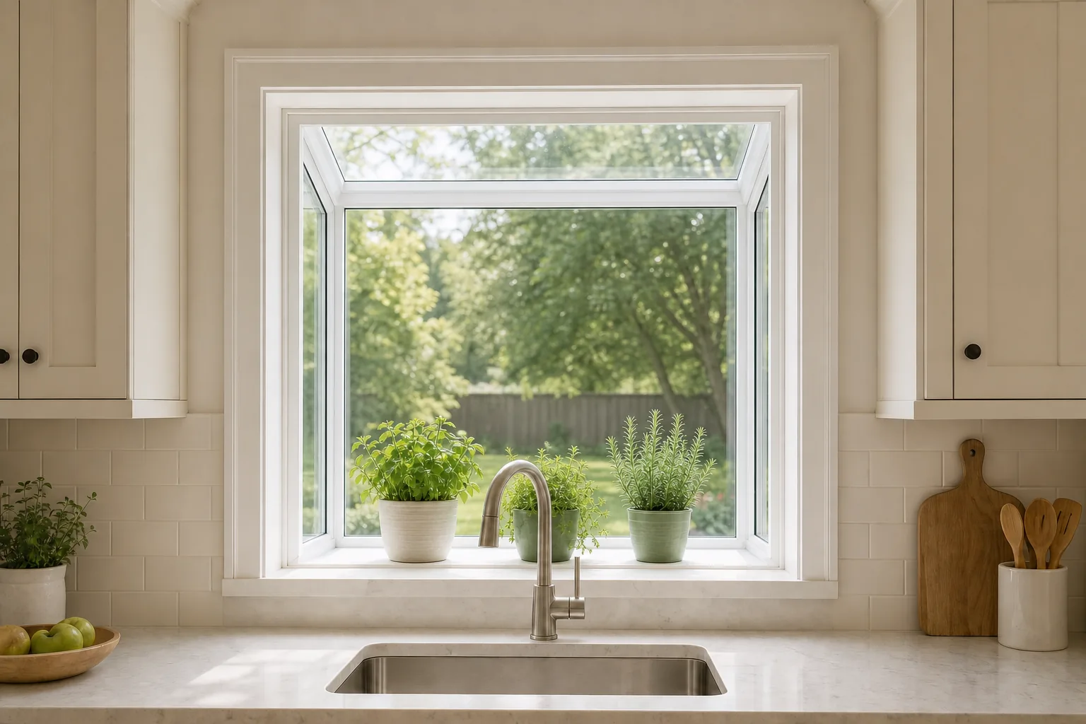White garden window above a kitchen sink, potted herbs lined along the sill with the garden beyond