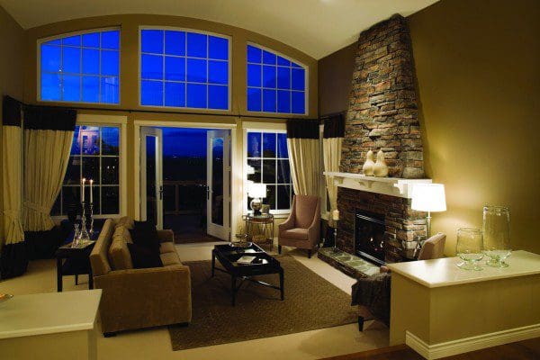 Geometric specialty window in a Central Florida living room, custom shaped architectural window installation