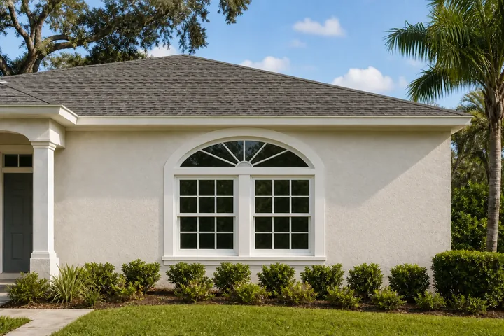 Arched geometric window above two rectangular windows on a stucco home