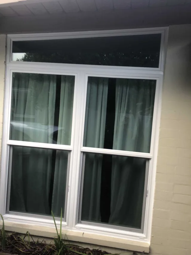 Two white-framed windows with a narrow transom above and curtains inside.