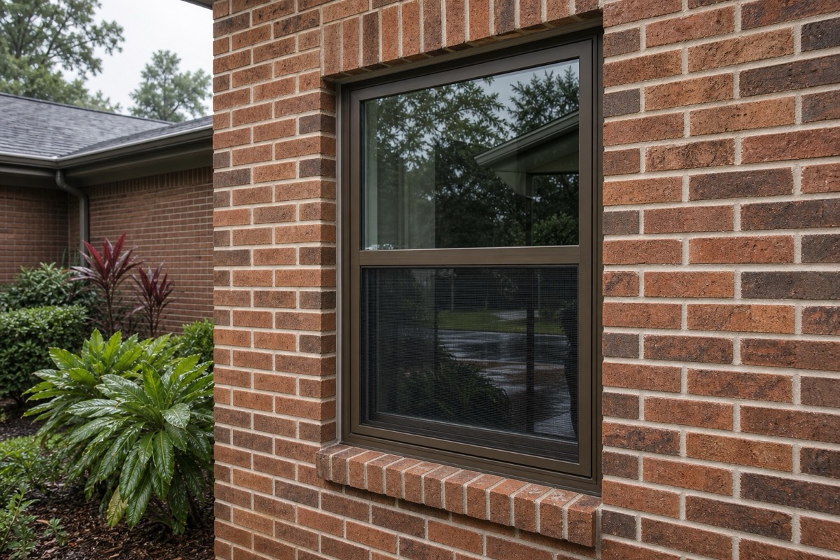 Bronze-framed single hung window set in a brick exterior wall