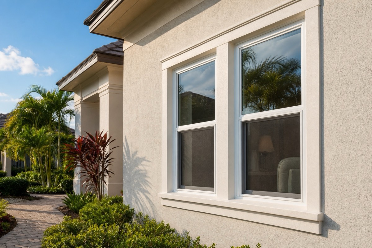 Single hung windows on the exterior of a Florida stucco home