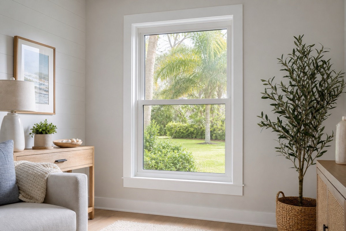 White vinyl single hung window in a bright Florida living room, with palms visible through the glass