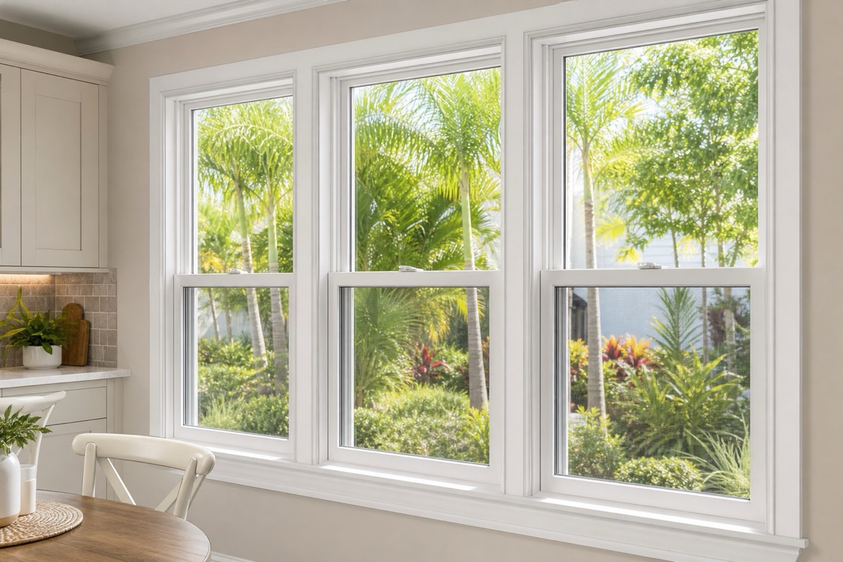 A wall of single hung windows above a kitchen counter