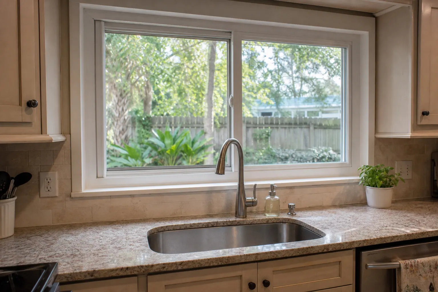 Two-panel slider window above a Florida kitchen sink, looking out on a landscaped back yard